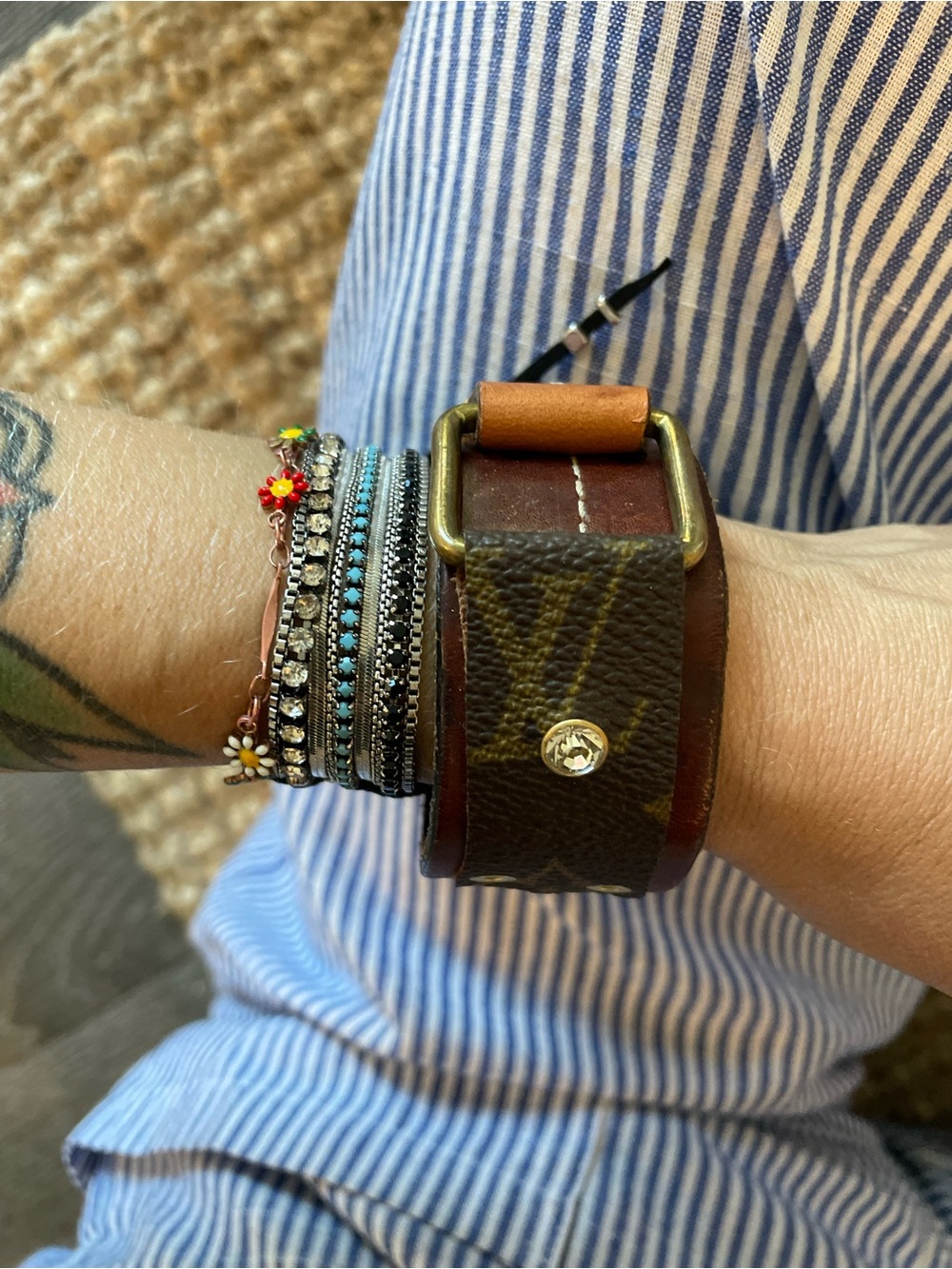 Leather Wrap Bracelet with Brass Buckle - Tan & Brown upcycled from an LV BAG - Picture 3 of 3